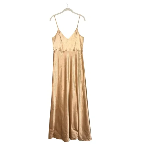Birdy Grey Satin Maxi Dress Spaghetti Strap Slit Gold Bridesmaid Formal M Birdy Grey Satin Maxi Dress Spaghetti Strap Slit Gold Bridesmaid Formal M
